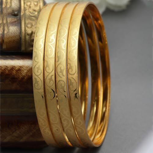 Image of ZENEME Set Of 4 Gold-Plated Textured Handcarfted Classic Bangles For Girls and Women