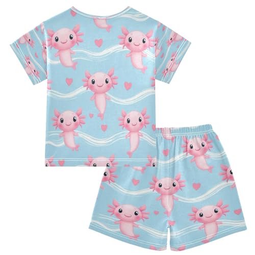 Pajama Sets Short Sleeve Cute Pink Axolotl Pattern Prints Soft Cotton Summer Sleepwear 2 Piece PJS Size 5-14T2