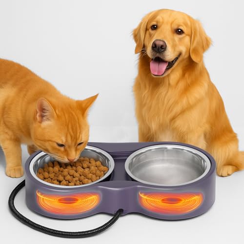 Pet Heated Bowl for Cat Dog Freeze-Proof Warming Animal Food Feeder with Anti-Chew Cord Waterproof & Thermostat Heating Bowls Removeable (2 x 23 fl oz Purple)