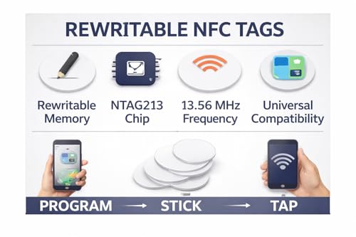 Image of DIGINESS Premium NFC Tags (Pack of 10) - Rewritable NTAG213 NFC Stickers | 13.56 MHz | Compatible with All NFC-Enabled Phones & Readers | Self-Adhesive Smart NFC Labels
