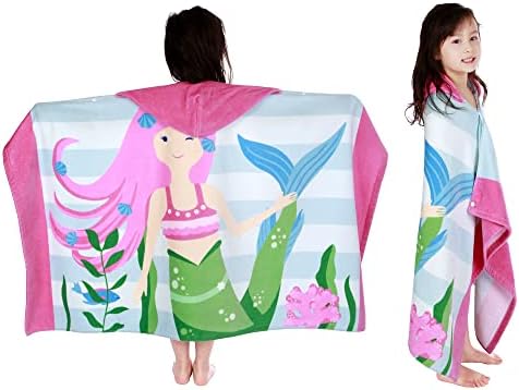 LOBETOAED Kids Hooded Beach Bath Towel, Baby Surf Poncho Toddlers Soft Real Cotton Wrap Changing Robe for Boy Girl Shower/Beach/Pool Child Cover ups 50"x30" Large Towel Wrap, Pink Mermaid Pattern