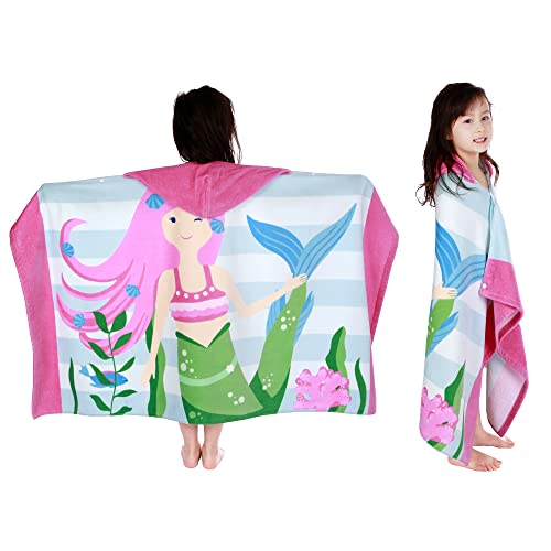 Lobetoaed Kids Hooded Beach Bath Towel, Baby Surf Poncho Toddlers Soft Real Cotton Wrap Changing Robe For Boy Girl Shower/Beach/Pool Child Cover Ups 50"X30" Large Towel Wrap, Pink Mermaid Pattern #TOP3
