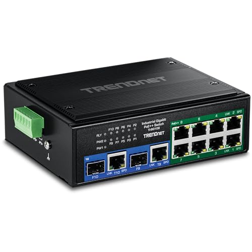 Image of TRENDnet 10-Port Industrial Gigabit 400W PoE++ DIN-Rail Switch, TI-BG108, 8 x Gigabit PoE++ Ports, 2 x Gigabit Shared Ports (RJ-45 / SFP), 20Gbps, 400W (Renewed)