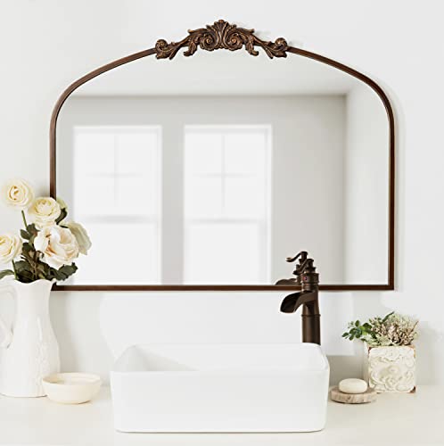 Image of Kate and Laurel Arendahl Ornate Traditional Arched Mirror; 36 x 29; Bronze; Decorative Baroque Style Arched Wall Mirror with Wide Frame and Ornamental Crown