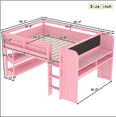 Image of Full Loft Bed with Multi-Storage Bookcases, Boxes and Drawers, Solid Wood Low Loft Beds with Desk and Blackboard, No Box Spring Needed (Pink-02)