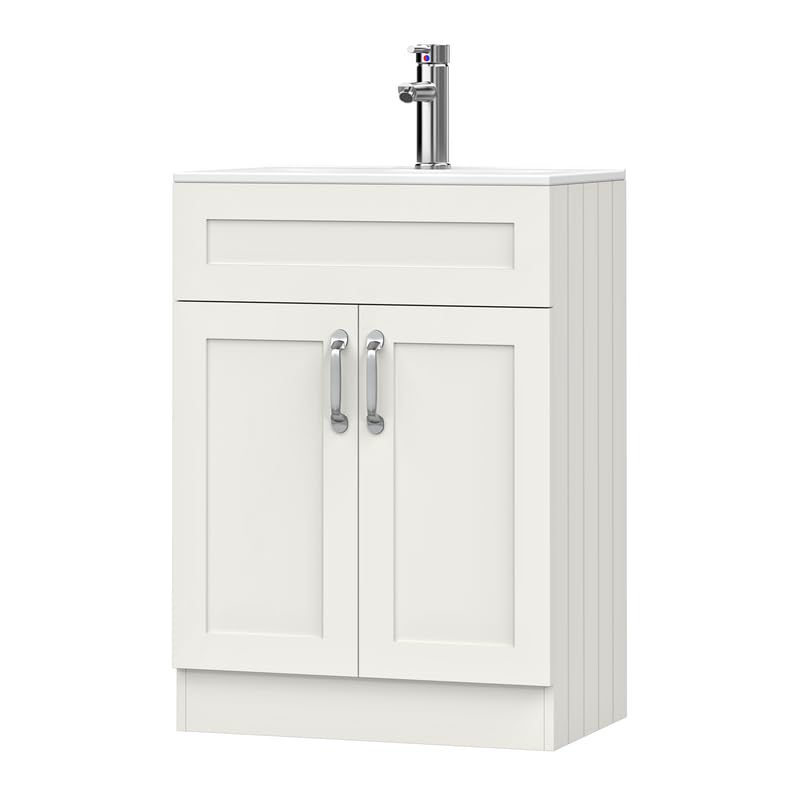 BELOFAY Crawley White 600mm Floor Standing Bathroom Vanity Unit With Basin - Laquered Cloakroom Vanity Unit with 1 Tap Hole Ceramic Basin and Soft Close Hinges. (WASTE INCLUDED)