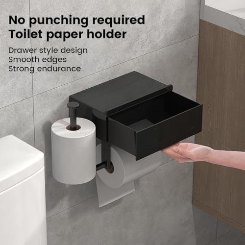 Modern Wall-Mounted Toilet Paper Holder with Storage Shelf, Black Bathroom Tissue Dispenser with Wipes Container, Multi-Function Organizer by Generic - Used condition - Image 4