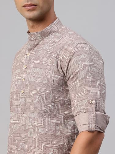 Image of Majestic Man Men's Pure Cotton Printed Mandarin Collar Regular Fit Roll-Up Sleeves Short Kurta