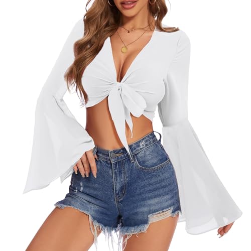 V Neck White Bell Sleeve Tops for Women Tie Front Long Sleeve Blouse Sheer Mesh Crop Rave Top XL by American Trends - Image 5