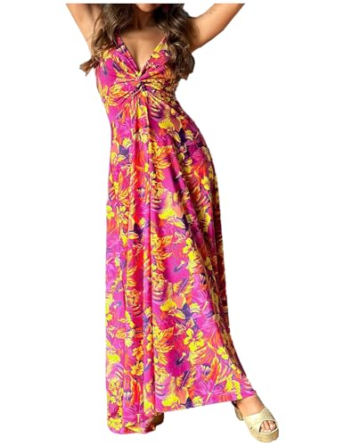 BUOYDM Vestido Mujer Largo Verano Casual Vestido Boho Floral Maxi con Cuello en V de Playa Rojo Rosado M