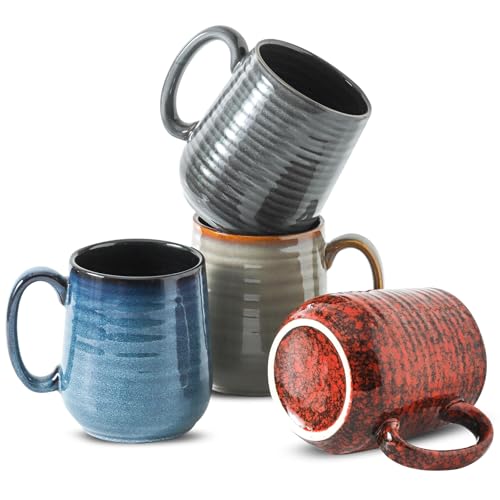 HASENSE Coffee Mugs Set of 4, 12 Oz Stoneware Coffee Cups with Large Handle, Colorful Rustic Mug Set for Coffee, Tea, Coco, Latte, Dishwasher and Microwave Safe