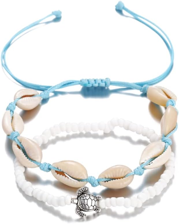 ELECDON Turtle Anklets, Turtle Layered Shell Anklet Set Silver Ankle Bracelets Beaded Foot Chain Beach Foot Jewelry Accessories for Women and Teen Girls, One Size
