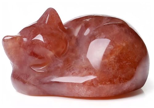 QINJIEJIE 2 in Strawberry Quartz Cat Decor Crystals Figurines Healing Stone