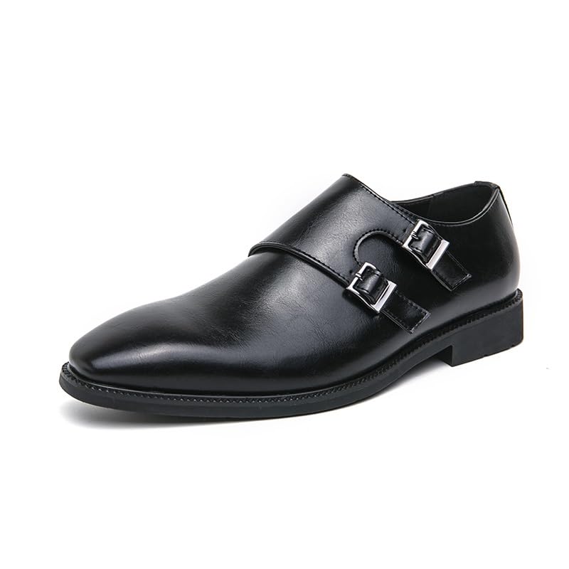 HOOENG Shoes Dress Oxford for Men Slip On Pointed Toe PU Leather Double Monk Strap Rubber Sole Slip Resistant Anti-Slip Low Top Working(Color:Black,Size:11)