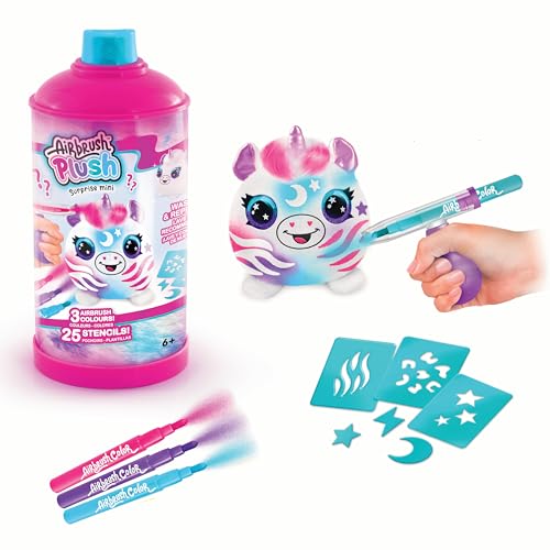 Airbrush Plush AIR 005 Surprise, Decorate & Personalise Your Own Plush, Airbrush Spray Tool + Colour Markers + 25 Stencils, 6 Mini