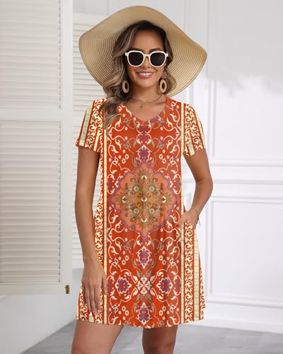 Image of COSSEN Women's Casual T Shirt Dress V-Neck Short Sleeves Swing Dresses Birthday Party Summer Travel Beach with Pocket