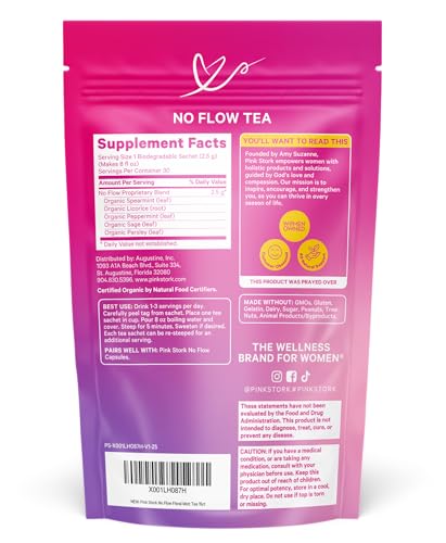 Pink Stork No Flow - Organic Sage Tea to Dry Up Breast Milk Supply and Decrease Milk Production, Stop Breastfeeding, Wean Lactation Naturally, Postpartum Essentials - Hot or Iced - 15 Sachets