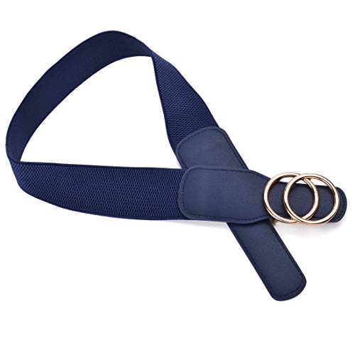 Beltox Women’s Elastic Stretch Wide Waist Belts W Double Rings Gold/Silver Buckle (Blue W Gold Buckle, Xs-L(27-35 Inch Stretch Range)) #TOP1