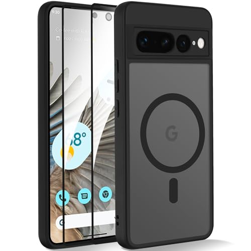 Yxnvixn Magnetic Case for Google Pixel 7 pro Case with Screen Protector [Compatible with Magsafe] Slim Translucent Matte Silicone Shockproof Full Body Protective Phone Case Cover Black