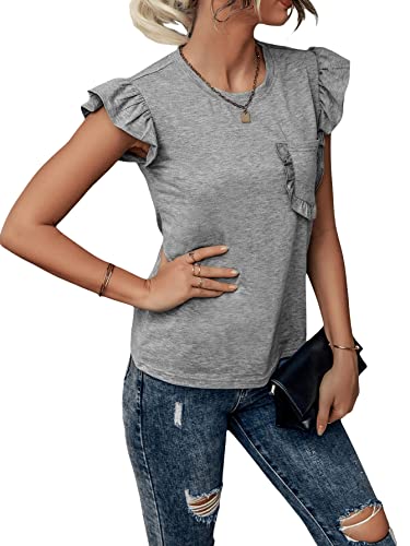 Verdusa Women's Ruffle Trim Cap Sleeve Pocket Front Tee T Shirt Top Grey M #TOP4