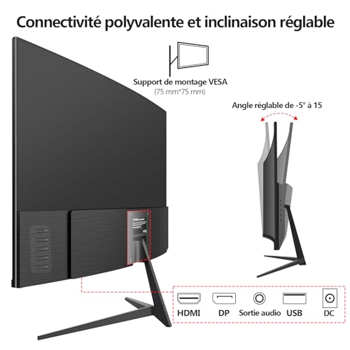 Écran PC 24 Pouces incurvé Gaming Moniteur 180hz, fhd 1080p 1ms sans Lunette, freesync, 100% sRGB,178 ° Angle Vue HDMI DisplayPort, Compatible avec Mural VESA75*75MM - Noir – Image 5