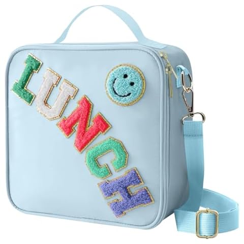 CCidea Lunch Bag for Women Insulated Lunch Box With Adjustable Shoulder Strap, Smiley Preppy Lunch Bag Reusable Lunch Tote Bag for Work Picnic Camping - Blue Cover