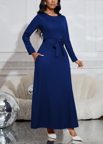 Image of BubFee Long Dress for Women Casual Long Sleeve Dresses Maxi Dress Empire Waist Loose with Belt