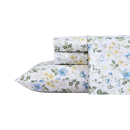 Image of Laura Ashley - Queen Sheet Set, Buttery-Soft Bed Sheets with a Naturally Silky Smooth Cotton Sateen Lightweight Feel - Matching Pillowcases & Fitted Sheet (Meadow Floral Blue)