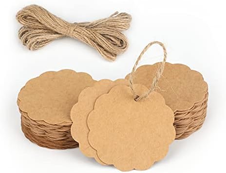 100PCS Brown Scalloped Kraft Paper Present Tags with Jute Twines for Birthday Wedding ceremony Occasion Present Ornament,Arts Crafts Packaging