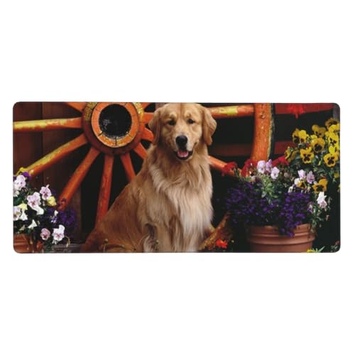 Tapis de souris grand format fleurs golden retriever 40x90cm pour ordinateur