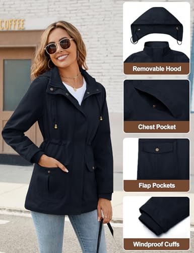 Tuopuda Jackets for Women UK Stand-Up Collar Parka Military Jackets Anorak Utility High Waist Drawstring Zip Up Hood Coat for Spring Summer Autumne, Navy, XL - Image 3