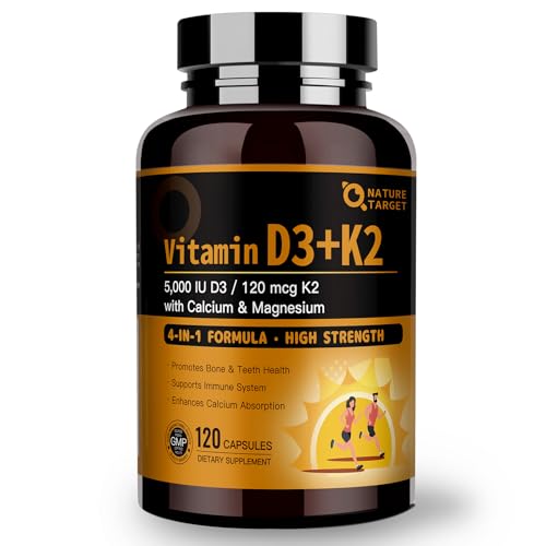 NATURE TARGET Vitamin D3 K2 with Calcium & Magnesium - Max Strength 4 in 1 Formula for Bone Heart & Immune Support - Supplies 5000 IU Vitamin D3 & 120 mcg of Vitamin K2 120 Count