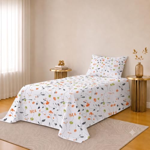 Image of IVAZA 220 TC Soft Ezyption Cotton Floral Single Bed Sheet - Single bedsheet with 1 Pillow Cover Hypoallergenic, Brethable, (Size- 90 x 60 Inch White Orange