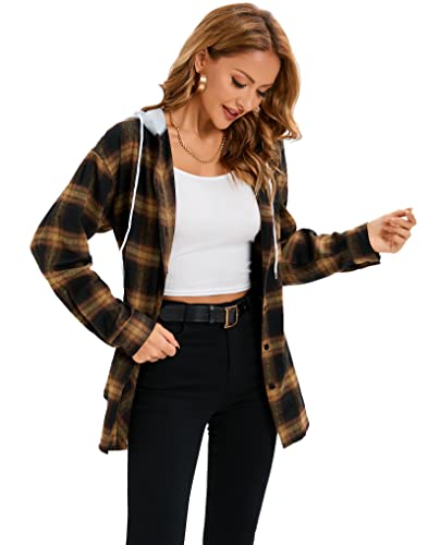 Women's Plaid Flannel Shirts Hoodie Long Sleeve Oversized Shirt Jacket Button Down Blouse Tops3