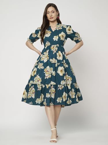 Image of PIDAVLIYA'S Women's Floral Summer Maxi Dress I Cotton Printed I One Piece Bodycon Midi Dress with V-Neck, Puffed Sleeves