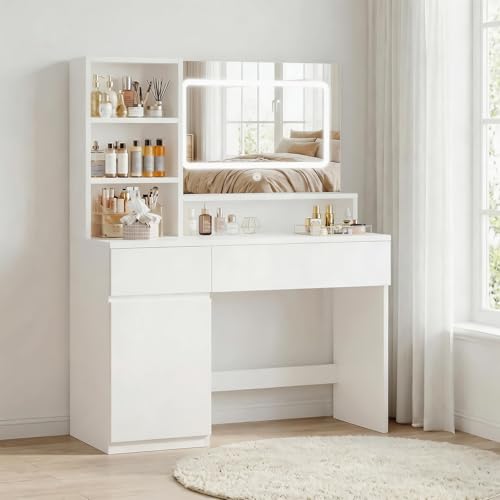 JUMMICO Coiffeuse avec Grand Miroir LED et Espace de Rangement Abondant, Table de Maquillage Moderne avec 2 Tiroirs, 1 Armoire Latérale et 4 Compartiments (Blanc)