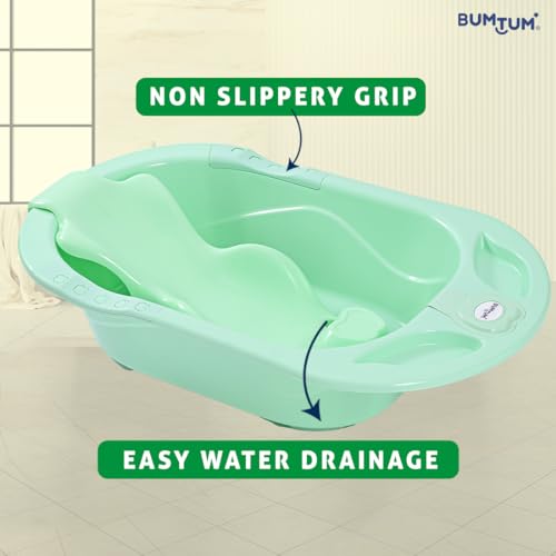Image of BUMTUM Baby Bathtub & Anti Slip Baby Plastic Bath Chair | Bathtub with Drain Plug, Baby Bath Seat /Sling with Non Slip Suction Base for Babies, Infant & Toddlers(Sea Green)