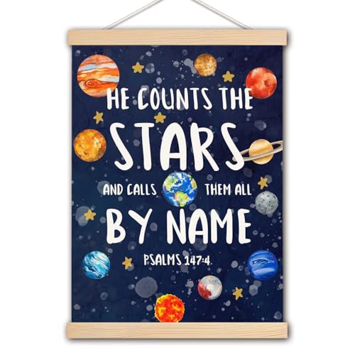 DNEULYR Christian Space Canvas Wall Art, Psalm 147:4 Bible Verse Wall Decor, Outer Space Room Decor, Starry Cosmic Religious Prints Poster for Kids Bedroom Nursery Home, 12x16 Inches