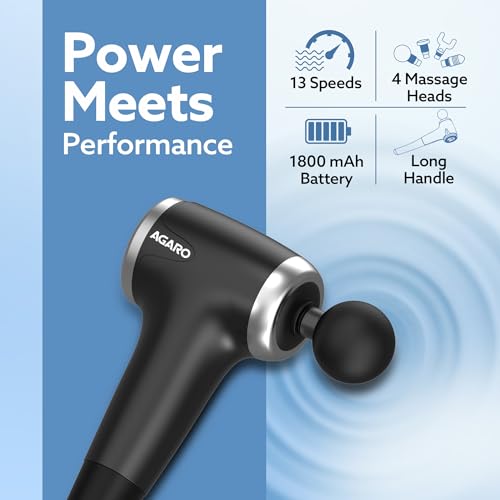 AGARO Regency Gun Massager, 4 Heads, 13 Speed, Rechargeable, Handheld, Percussion Muscle Massager for Full Body Massage, Muscle Relaxation of Neck, Shoulder, Back, Foot for Men & Women, Black view 2