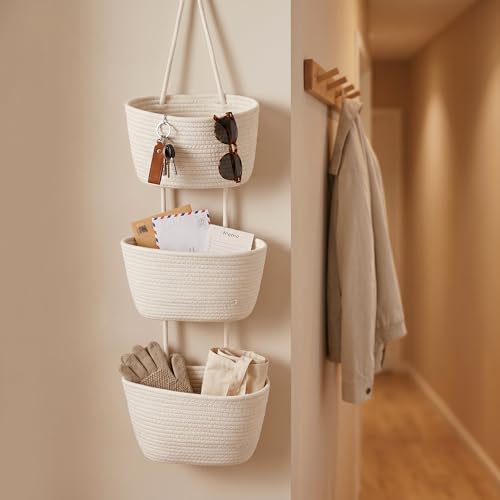 Cestas colgantes de pared de 3 niveles en cuerda de algodón blanco pack de 2 5