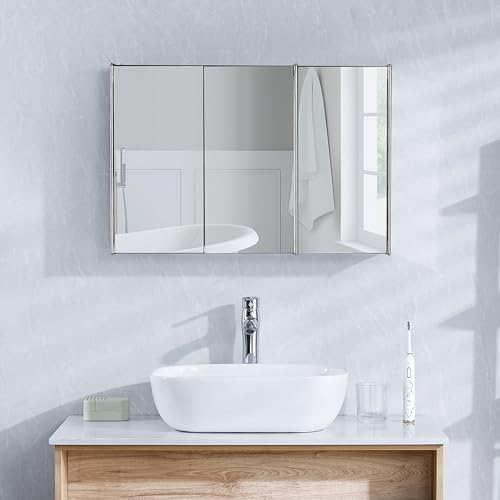 Home Discount Bath Vida Tiano-Armario de baño con Triple Espejo montado en la Pared de Acero Inoxidable Moderno, Silver, H 45 x W 68 x D 13 cm Approx - imagen 4