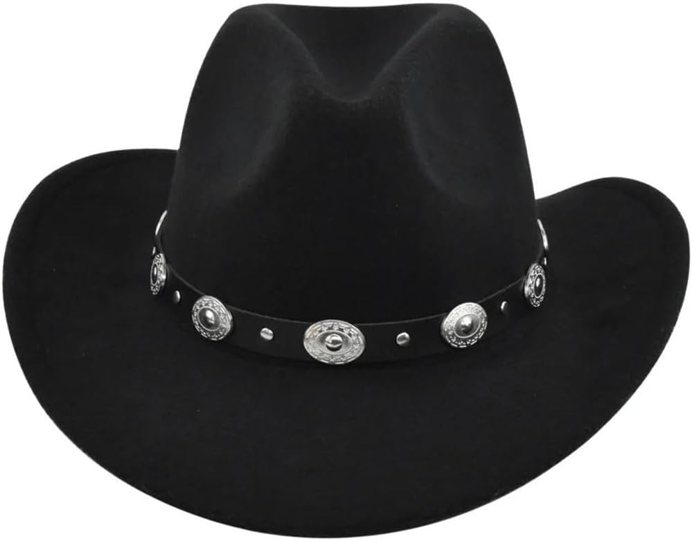 Women's Western Cowboy Hat for Party Vintage Felt Fedora with Wide Brim and Leather Band