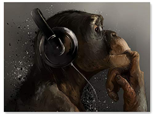 Leinwand-Bild AFFE mit Kopfhörer, Größe 80x60cm, Querformat, Wandbilder, Dekoration Wohnzimmer modern, Tiere, Affen, Banane, Musik, Tier,