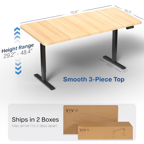 Image of VIVO Light Wood 71 x 36 in Standing Desk, DESK-KIT-1B7C-36 | Electric, Holds 220 lbs, Sit Stand, Height Adjustable, Extra Deep Table Top, Memory Presets, 1B Series, Black Frame