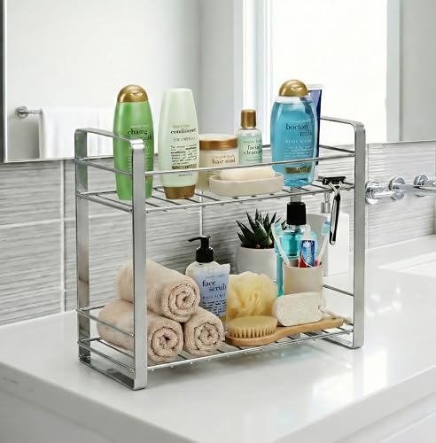 Image of TechSrmaji 2 Tier Stainless Steel Kitchen Rack | Multipurpose Storage Shelf for Kitchen & Bathroom | Rust Proof Dish Rack, Spice Organizer, Bathroom Shelf (Silver)