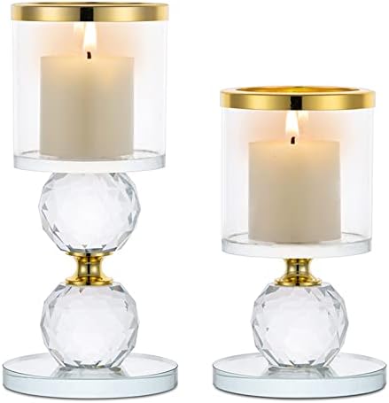 Sziqiqi Crystal Pillar Candle Holder Set of 2, Clear Glass Candlestick Holders Tealight Candle Stand Candlelight Dinner Table Centerpiece for Wedding Gifts Mantlepiece Fireplace Decoration, Silver Rim