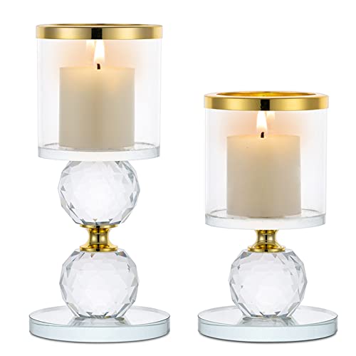 Sziqiqi Portavelas de Columna de Cristal, 2 Piezas de Candelabros de Vidrio Transparente, Velas para Candelabros Centro de Mesa para Regalos de Boda y Decoración Navideña, Oro