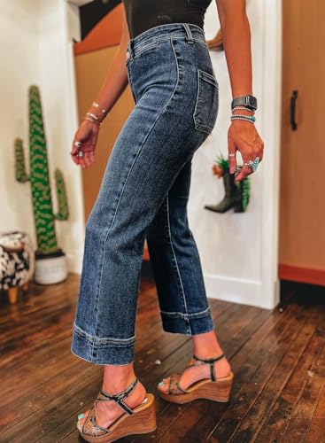 SHEWIN Wide Leg Jeans for Women Trendy High Waisted Flare Jeans Stretchy Straight Leg Ankle Denim Pants with Pockets2