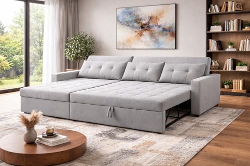 Image of Emilio 4 Seater LHS L - Shape Pull-Out Sofa Cum Bed Sofa for Living Room (Grey Fabric Color) Premium Fabric Sofa Set for Living Room Sofa Cum Bed