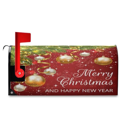 Image of Merry Christmas Bells Mailbox Cover Standard Size Winter Poinsettia Happy New Year Magnetic Mailbox Covers Garden Yard Post Wraps Letter Box Cover Decorations 21 inch L x 18 inch W